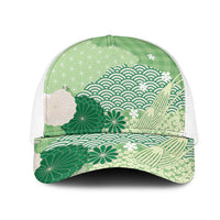 Green Japanese Traditional Motifs Mesh Trucker Cap Palaka With Asanoha Seigaiha Sakura - Polynesian Pride