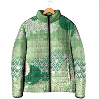 Green Palaka Japanese Patterns Padded Jacket Asanoha Seigaiha Sakura Motif - Polynesian Pride