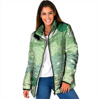 Green Palaka Japanese Patterns Padded Jacket Asanoha Seigaiha Sakura Motif - Polynesian Pride