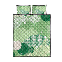 Green Palaka Japanese Patterns Quilt Bed Set Asanoha Seigaiha Sakura Motif - Polynesian Pride