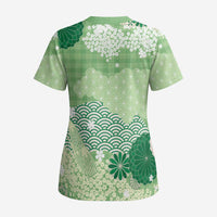 Green Palaka Japanese Patterns Scrub Top Asanoha Seigaiha Sakura Motif LT14 - Polynesian Pride