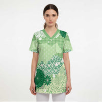 Green Palaka Japanese Patterns Scrub Top Asanoha Seigaiha Sakura Motif LT14 - Polynesian Pride
