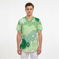 Green Palaka Japanese Patterns Scrub Top Asanoha Seigaiha Sakura Motif LT14 - Polynesian Pride