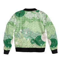 Green Palaka Japanese Patterns Sleeve Zip Bomber Jacket Asanoha Seigaiha Sakura Motif - Polynesian Pride