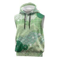 Green Palaka Japanese Patterns Sleeveless Hoodie Asanoha Seigaiha Sakura Motif - Polynesian Pride