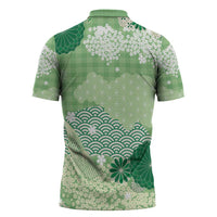 Green Palaka Japanese Patterns Zipper Polo Shirt Asanoha Seigaiha Sakura Motif - Polynesian Pride