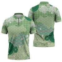 Green Palaka Japanese Patterns Zipper Polo Shirt Asanoha Seigaiha Sakura Motif - Polynesian Pride