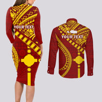 Personalised Fiji Rotuma Couples Matching Long Sleeve Bodycon Dress and Long Sleeve Button Shirt Fijian Tapa Pattern LT14 - Polynesian Pride