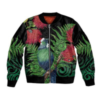 New Zealand Tui Bird Christmas Bomber Jacket Maori Fern Mix Pohotukawa LT14 Unisex Black - Polynesian Pride