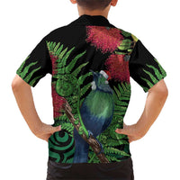 New Zealand Tui Bird Christmas Family Matching Short Sleeve Bodycon Dress and Hawaiian Shirt Maori Fern Mix Pohotukawa LT14 - Polynesian Pride