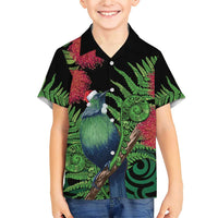 New Zealand Tui Bird Christmas Family Matching Short Sleeve Bodycon Dress and Hawaiian Shirt Maori Fern Mix Pohotukawa LT14 Son's Shirt Black - Polynesian Pride