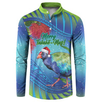 New Zealand Takahe Christmas Button Sweatshirt Maori Fern Mix Pohotukawa LT14 Blue - Polynesian Pride