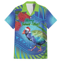 New Zealand Takahe Christmas Family Matching Summer Maxi Dress and Hawaiian Shirt Maori Fern Mix Pohotukawa LT14 Dad's Shirt - Short Sleeve Blue - Polynesian Pride