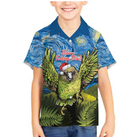 Personalised Jumping Kakapo Christmas Family Matching Mermaid Dress and Hawaiian Shirt New Zealand Fern - Starry Night Style LT14 Son's Shirt Green - Polynesian Pride