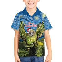 Personalised Jumping Kakapo Christmas Family Matching Off Shoulder Maxi Dress and Hawaiian Shirt New Zealand Fern - Starry Night Style LT14 Son's Shirt Green - Polynesian Pride