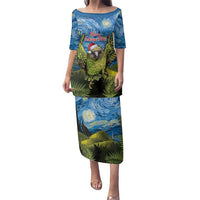 Personalised Jumping Kakapo Christmas Family Matching Puletasi and Hawaiian Shirt New Zealand Fern - Starry Night Style LT14 Mom's Dress Green - Polynesian Pride