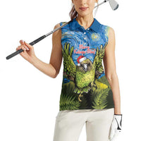 Personalised Jumping Kakapo Christmas Women Sleeveless Polo Shirt New Zealand Fern - Starry Night Style LT14 - Polynesian Pride