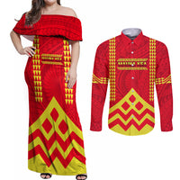 Hawaii Mauna Kea Couples Matching Off Shoulder Maxi Dress and Long Sleeve Button Shirt Hawaiian Kakau Tribal Pattern LT14 Red - Polynesian Pride