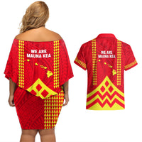 Hawaii Mauna Kea Couples Matching Off Shoulder Short Dress and Hawaiian Shirt Hawaiian Kakau Tribal Pattern LT14 - Polynesian Pride