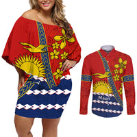 Personalised Mauri Kiribati Couples Matching Off Shoulder Short Dress and Long Sleeve Button Shirt Polynesian Ribaberiki Flag Style Mix Plumeria LT14 Red - Polynesian Pride