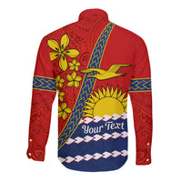 Personalised Mauri Kiribati Long Sleeve Button Shirt Polynesian Ribaberiki Flag Style Mix Plumeria LT14 - Polynesian Pride