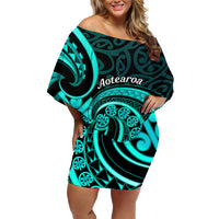 Turquoise New Zealand Mangopare Family Matching Off Shoulder Short Dress and Hawaiian Shirt Aotearoa Maori Koru Style LT14 Mom's Dress Turquoise - Polynesian Pride