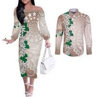 Cook Islands Tiare Maori With Conch Shell Couples Matching Off The Shoulder Long Sleeve Dress and Long Sleeve Button Shirt 2025 Pasifika Polynesian Tattoo LT14 Brown - Polynesian Pride
