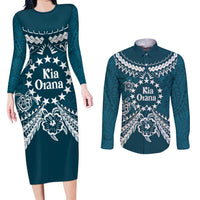 Kia Orana Cook Islands Couples Matching Long Sleeve Bodycon Dress and Long Sleeve Button Shirt Polynesian Turtle Crowberry Blue Color LT14 Crowberry Blue - Polynesian Pride