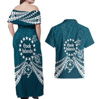 Kia Orana Cook Islands Couples Matching Off Shoulder Maxi Dress and Hawaiian Shirt Polynesian Turtle Crowberry Blue Color LT14 - Polynesian Pride