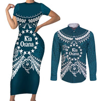 Kia Orana Cook Islands Couples Matching Short Sleeve Bodycon Dress and Long Sleeve Button Shirt Polynesian Turtle Crowberry Blue Color LT14 Crowberry Blue - Polynesian Pride