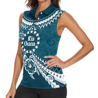 Kia Orana Cook Islands Women Sleeveless Polo Shirt Polynesian Turtle Crowberry Blue Color LT14 - Polynesian Pride