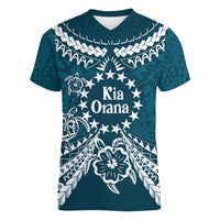 Kia Orana Cook Islands Women V-Neck T-Shirt Polynesian Turtle Crowberry Blue Color LT14 Female Crowberry Blue - Polynesian Pride
