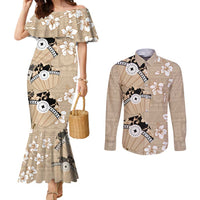 Bula Fiji Iri Buli Couples Matching Mermaid Dress and Long Sleeve Button Shirt Woven Fan With Fijian Tapa