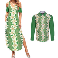 Ia Orana Tahiti Tiare Maori Seamless Style Couples Matching Summer Maxi Dress and Long Sleeve Button Shirt LT14 Green - Polynesian Pride