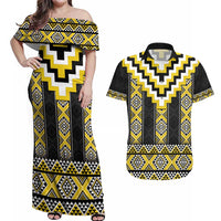 Yellow Taniko Aotearoa Couples Matching Off Shoulder Maxi Dress and Hawaiian Shirt Niho Taniwha Mix Poutama LT14 Yellow - Polynesian Pride