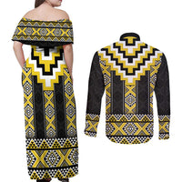 Yellow Taniko Aotearoa Couples Matching Off Shoulder Maxi Dress and Long Sleeve Button Shirt Niho Taniwha Mix Poutama LT14 - Polynesian Pride
