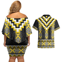 Yellow Taniko Aotearoa Couples Matching Off Shoulder Short Dress and Hawaiian Shirt Niho Taniwha Mix Poutama LT14 - Polynesian Pride