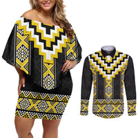 Yellow Taniko Aotearoa Couples Matching Off Shoulder Short Dress and Long Sleeve Button Shirt Niho Taniwha Mix Poutama LT14 Yellow - Polynesian Pride
