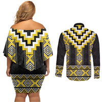 Yellow Taniko Aotearoa Couples Matching Off Shoulder Short Dress and Long Sleeve Button Shirt Niho Taniwha Mix Poutama LT14 - Polynesian Pride