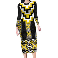 Yellow Taniko Aotearoa Family Matching Long Sleeve Bodycon Dress and Hawaiian Shirt Niho Taniwha Mix Poutama LT14 Mom's Dress Yellow - Polynesian Pride
