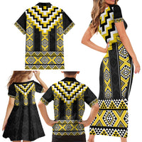 Yellow Taniko Aotearoa Family Matching Short Sleeve Bodycon Dress and Hawaiian Shirt Niho Taniwha Mix Poutama LT14 - Polynesian Pride