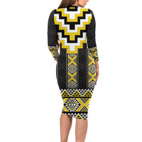 Yellow Taniko Aotearoa Long Sleeve Bodycon Dress Niho Taniwha Mix Poutama
