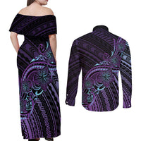 Teal Purple Polynesia Plumeria Tattoo Couples Matching Off Shoulder Maxi Dress and Long Sleeve Button Shirt