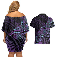 Teal Purple Polynesia Plumeria Tattoo Couples Matching Off Shoulder Short Dress and Hawaiian Shirt LT14 - Polynesian Pride