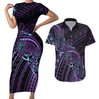 Teal Purple Polynesia Plumeria Tattoo Couples Matching Short Sleeve Bodycon Dress and Hawaiian Shirt LT14 Purple - Polynesian Pride
