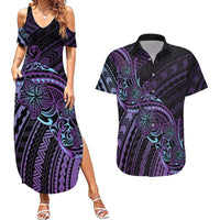 Teal Purple Polynesia Plumeria Tattoo Couples Matching Summer Maxi Dress and Hawaiian Shirt LT14 Purple - Polynesian Pride