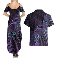 Teal Purple Polynesia Plumeria Tattoo Couples Matching Summer Maxi Dress and Hawaiian Shirt LT14 - Polynesian Pride