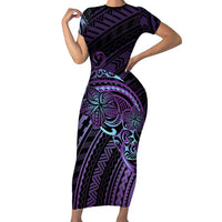 Teal Purple Polynesia Plumeria Tattoo Family Matching Short Sleeve Bodycon Dress and Hawaiian Shirt