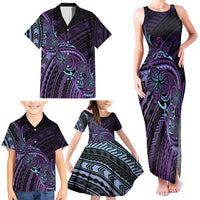 Teal Purple Polynesia Plumeria Tattoo Family Matching Tank Maxi Dress and Hawaiian Shirt
