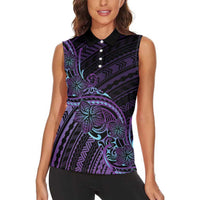 Teal Purple Polynesia Plumeria Tattoo Women Sleeveless Polo Shirt